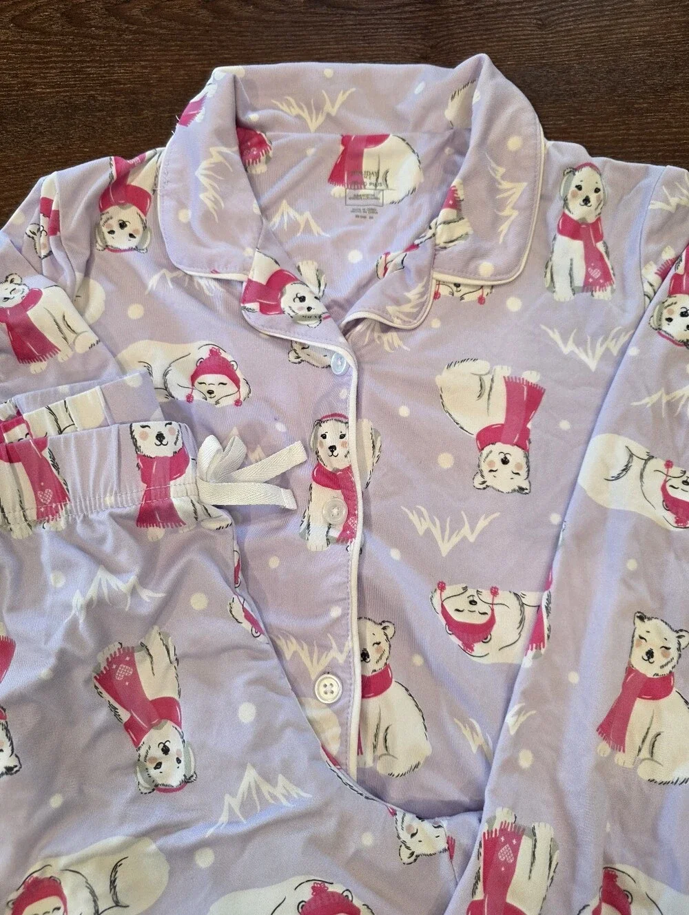 Holiday Time Girls L 10-12 Plus Animal Pajama Set Purple With Winter Polar Bears